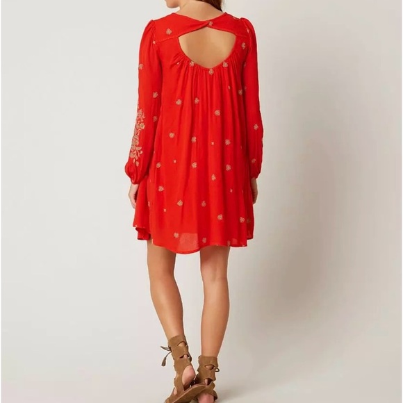 Free People Sweet Tennessee Red Floral Embroidered Mini Tunic Dress S Boho Beach - Picture 2 of 14